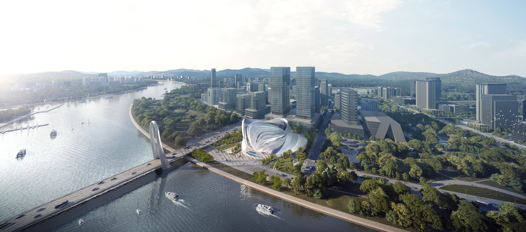 Aerial view rendering of rounded building with layered white envelope facade along the Saigon River surrounded by greenery