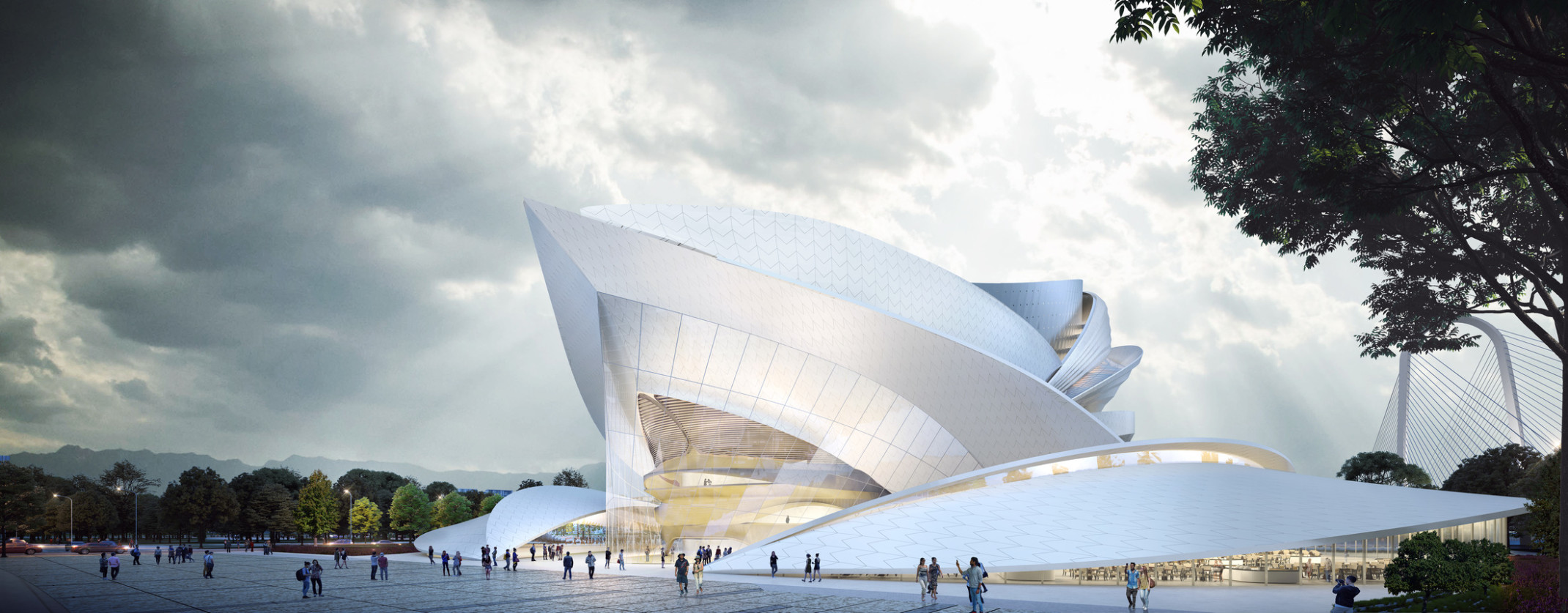 Rendering of the Vietnam Theatre of Ballet Symphony Orchestra and Opera in Ho Chi Mihn City. A white rounded multistory building with point Rendering of the Vietnam Theatre of Ballet Symphony Orchestra and Opera in Ho Chi Mihn City. A white rounded multistory building with point