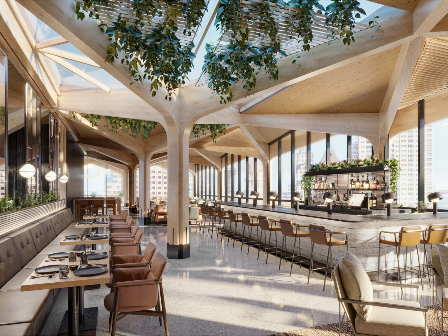 Mass timber hotel rendering. Dining space in restaurant with skylight views and geometric ceiling, green living wall ceiling