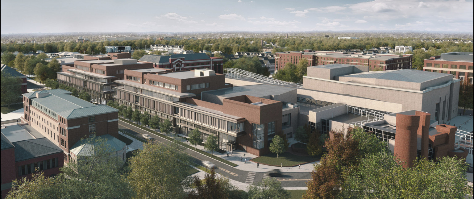 Aerial view of the The Ohio State University Timashev Family Music Building and the new integrated arts facilities being built