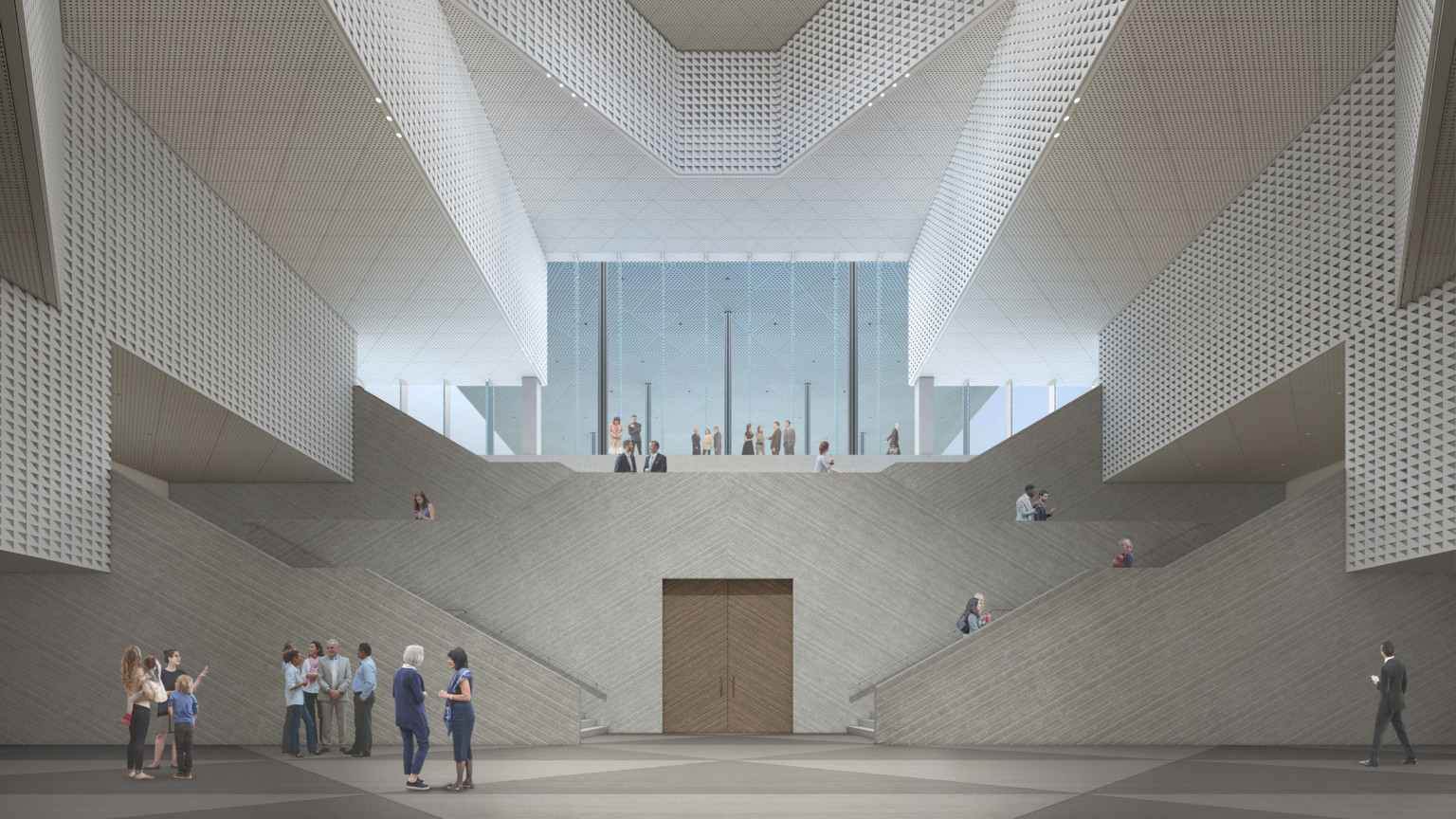 Ismaili Center in Houston interior triple height chamber with angular white textured walls. Double stairs on each side of double doors