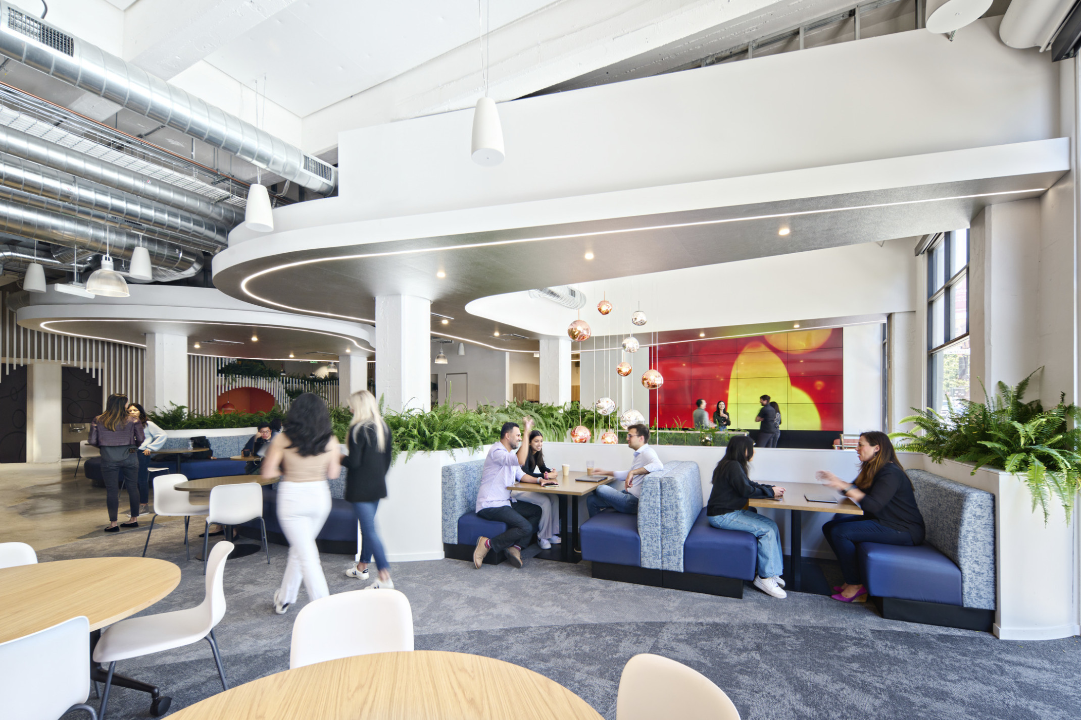 mixed seating with tables and booths in white room with organically shaped white drop ceiling details, metallic chandelier and organic mural