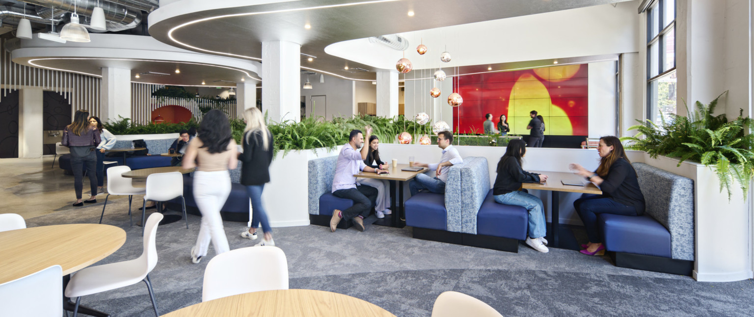 mixed seating with tables and booths in white room with organically shaped white drop ceiling details, metallic chandelier and organic mural