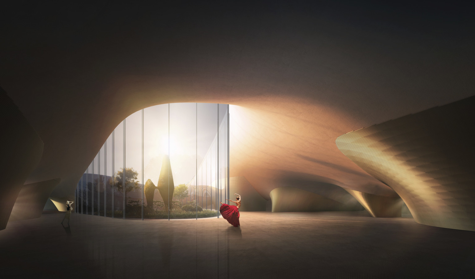 Double height curved window to courtyard illuminating brown bronze chamber with organically curved supporting walls