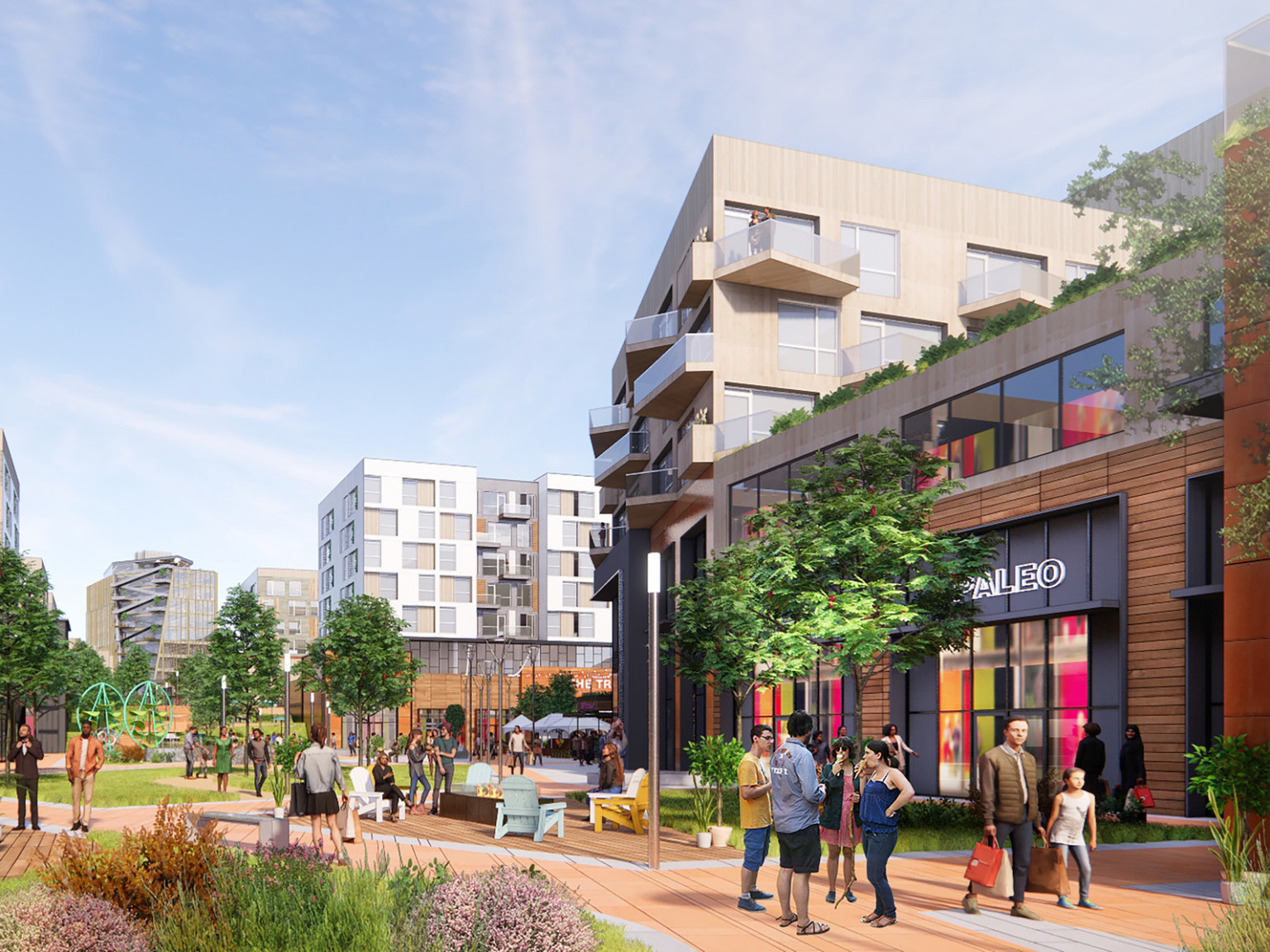 Outdoor shopping mall renovated into walkable mixed-use space with shopping, dining, community seating areas, and green space