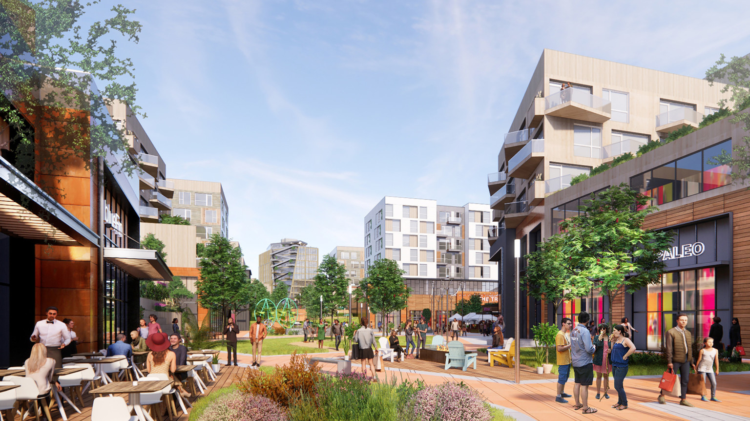 Outdoor shopping mall renovated into walkable mixed-use space with shopping, dining, community seating areas, and green space