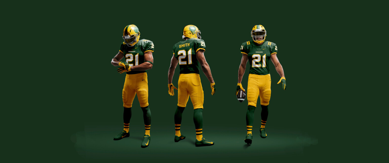 3 view points of yellow and green football uniform