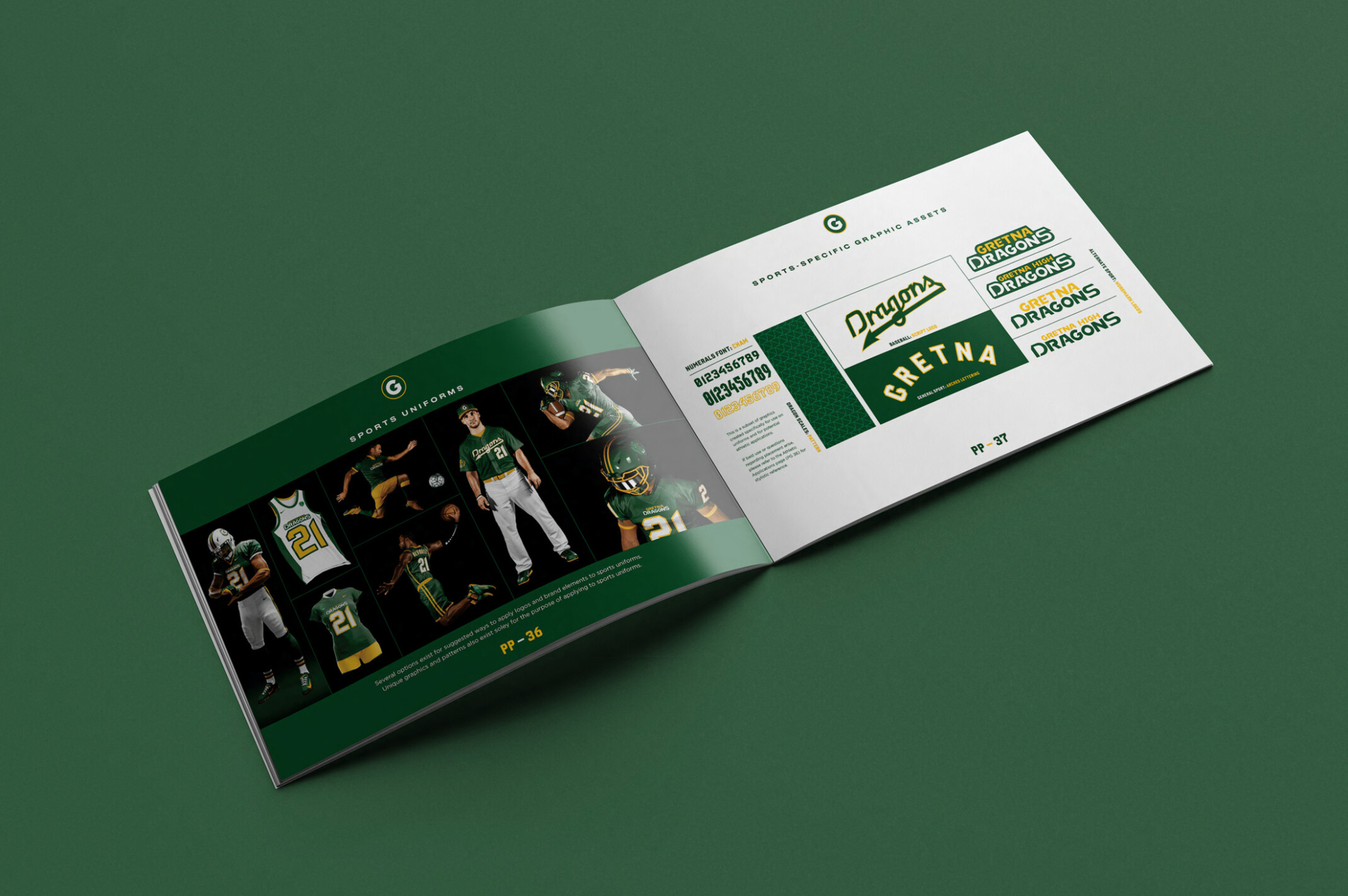 Brand book for Gretna High School Dragons, in Nebraska. Two page spread of logo treatments and color palettes