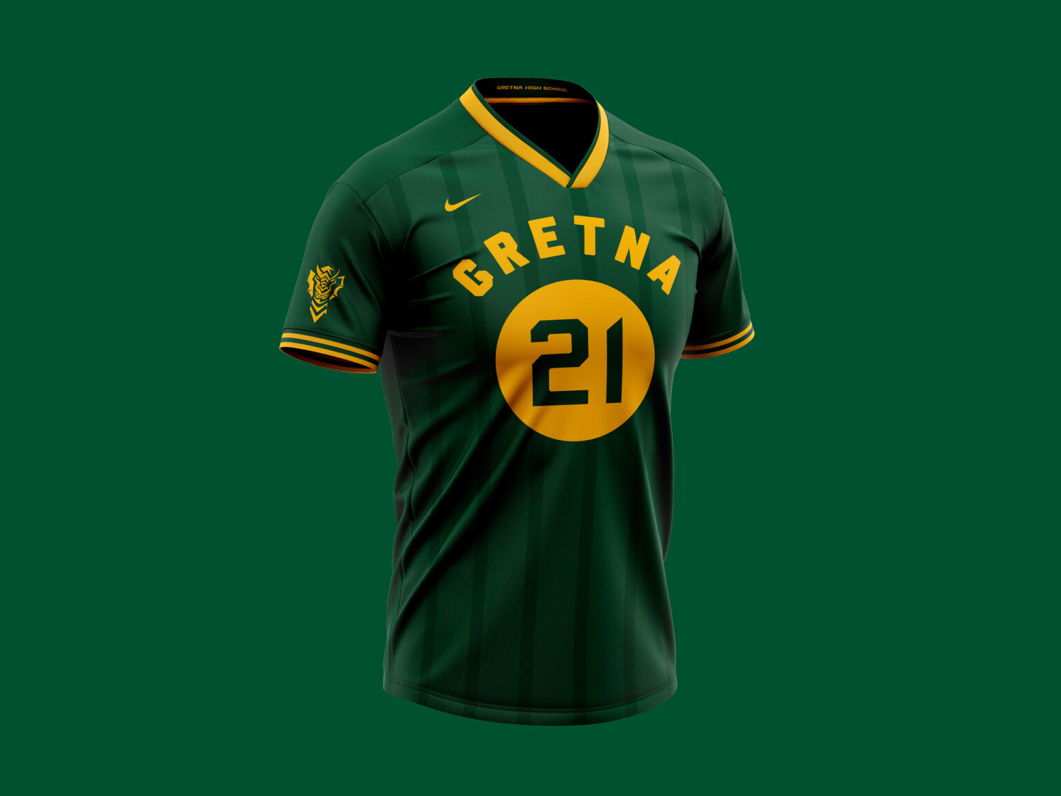 Green tshirt jersey with yellow accents, number in circle, center, under the word Gretna