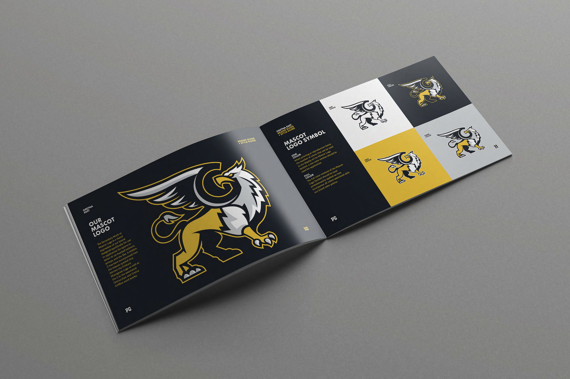 Brand book for Gretna East High School Griffins, in Nebraska. Two page spread of logo treatments and color palettes