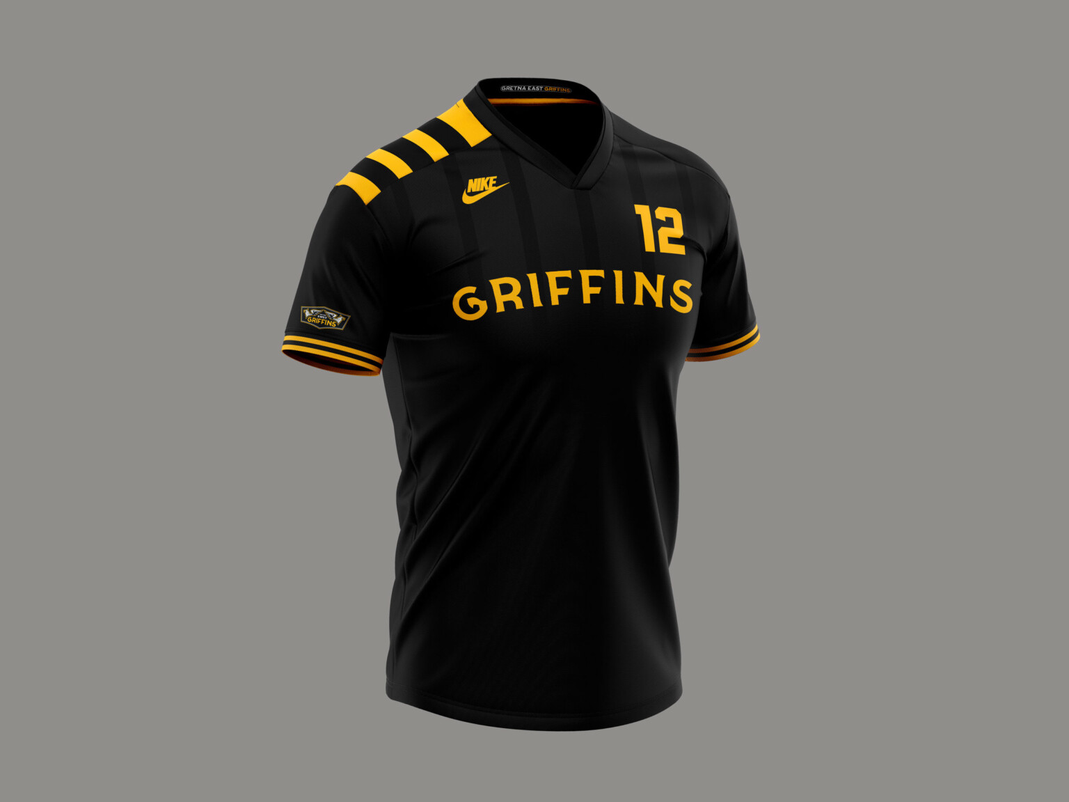 Black jersey tshirt with yellow accents, Griffins written across front