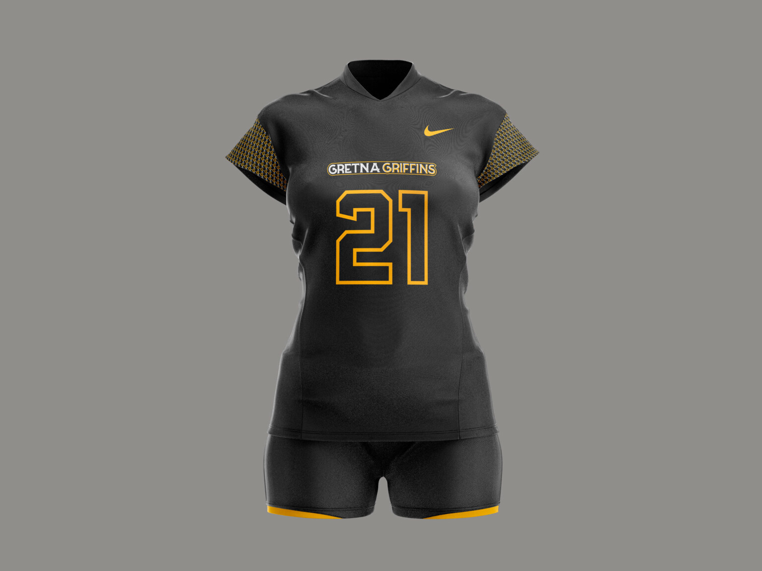 Women's black and yellow sports uniform tshirt and shorts