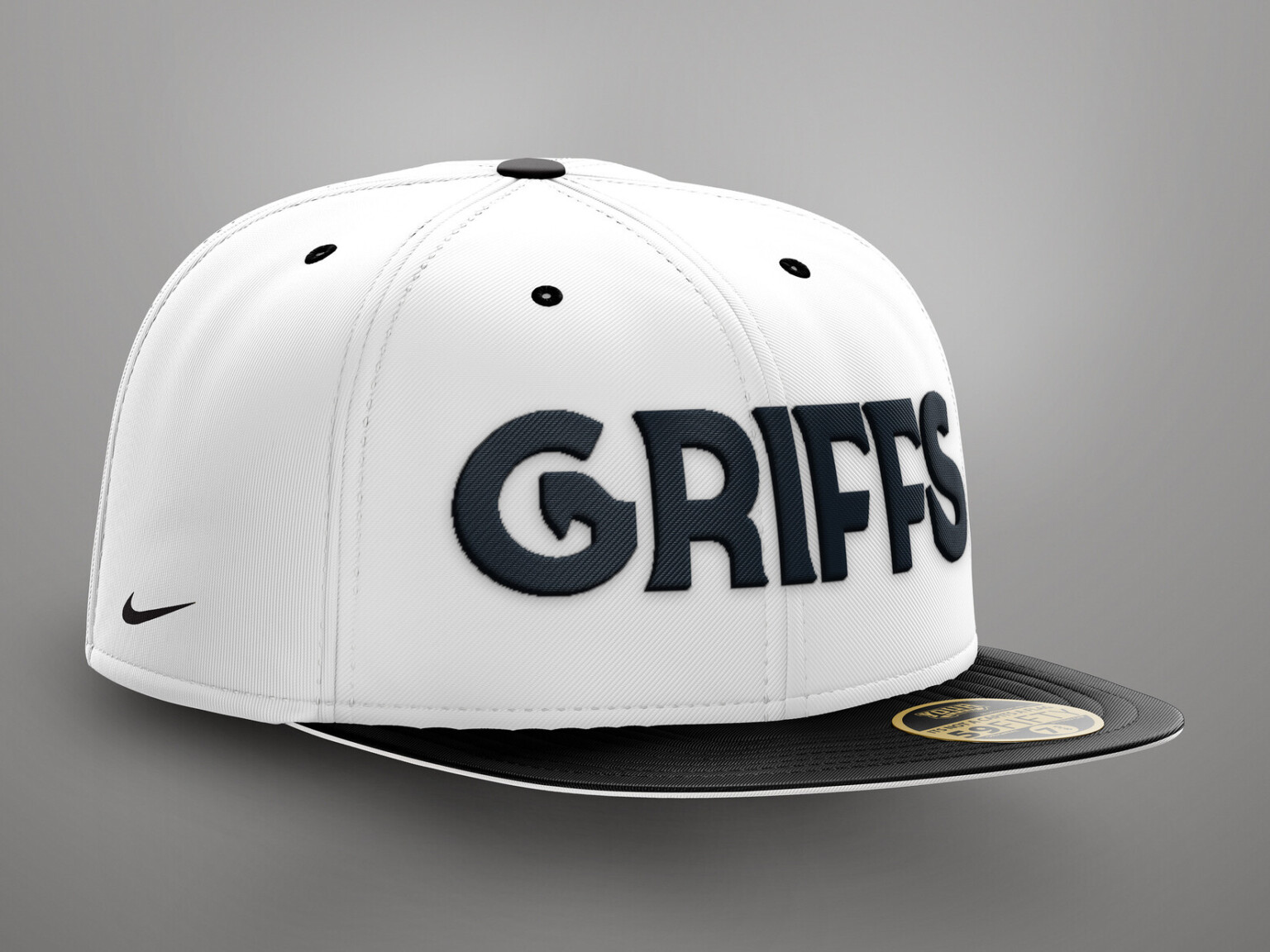 White hat with black baseball cap brim, Griffins written across the front in black