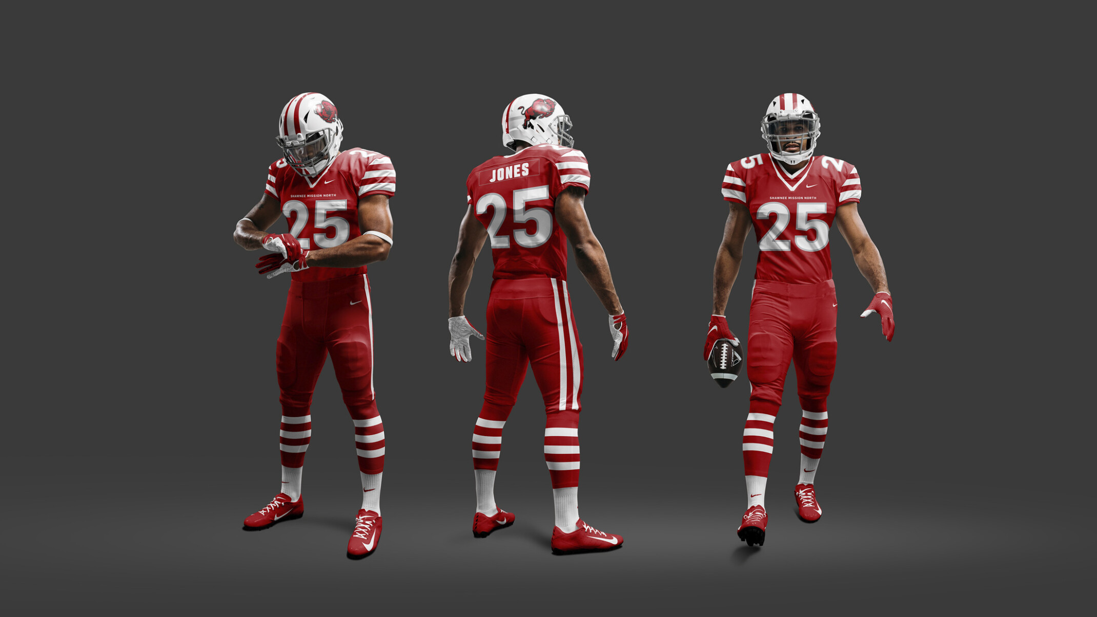 3 view points of red football uniform with white accents