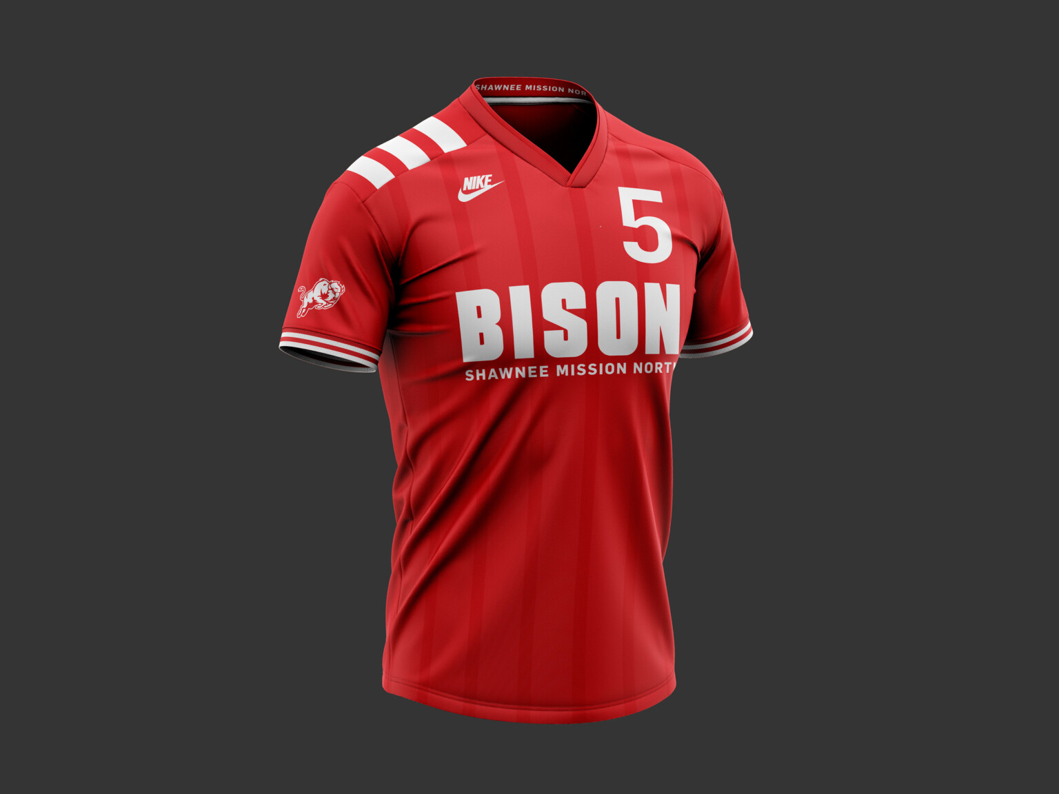 red jersey tshirt with white and red accents, Bison written across front