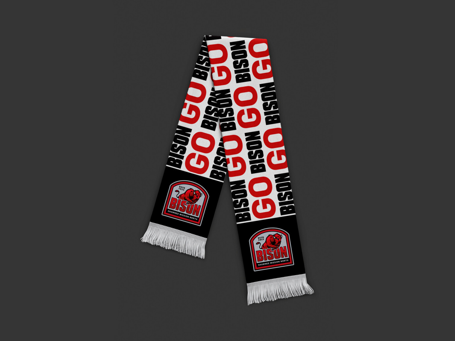 Black white and red scarf with go bison written over it in a pattern