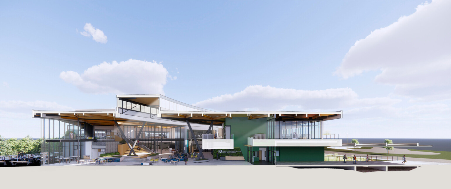 section diagram drawing of a new construction school showing learning spaces, building structure and organization