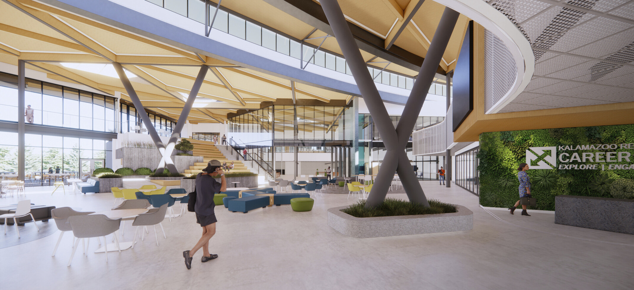 living wall and steel column bracing in X shape in an atrium with clerestory windows skylights and triangular coffered ceiling