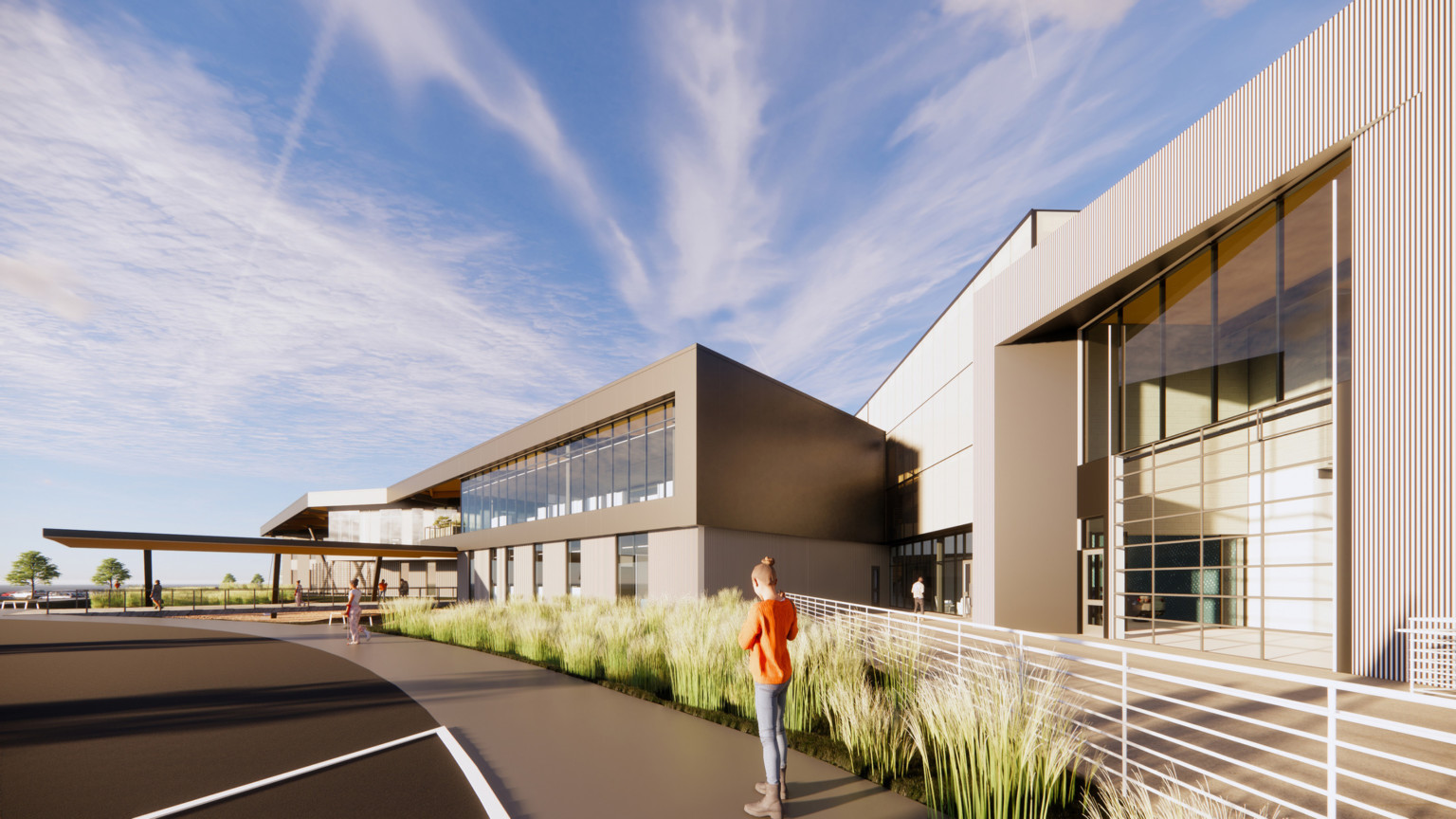 Rendering of exterior of stand-alone career and technical educational center for the Kalamazoo Regional Educational Service Agency