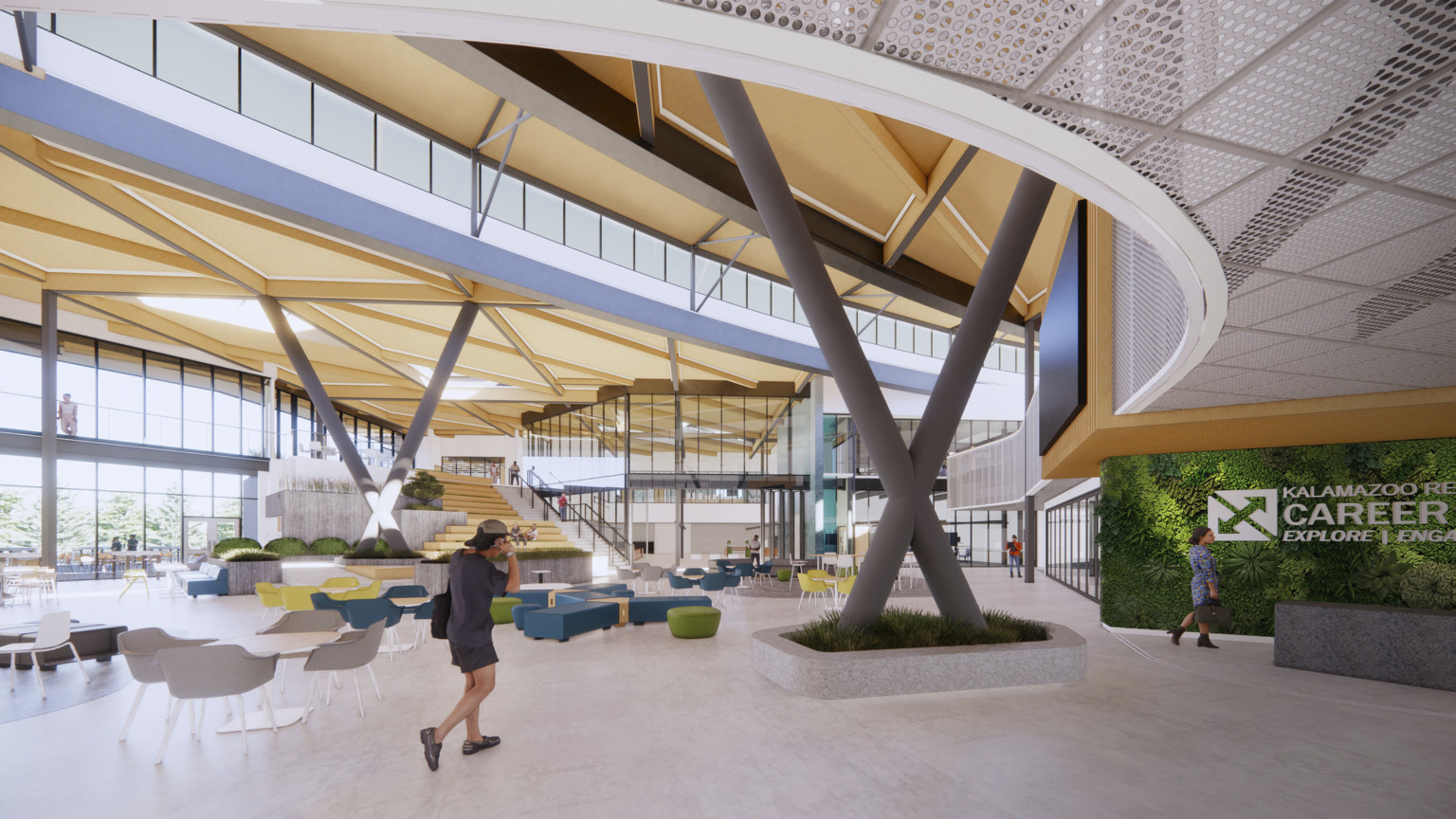 Interior double height lobby space in school. Biophilia elements, plant wall, mixed colorful seating. Mass timber wood, large windows