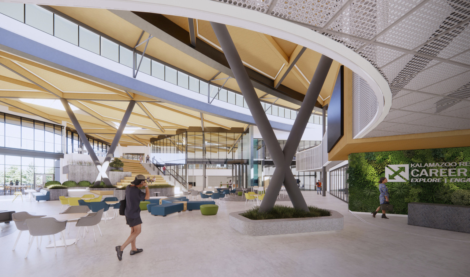 Interior double height lobby space in school. Biophilia elements, plant wall, mixed colorful seating. Mass timber wood, large windows