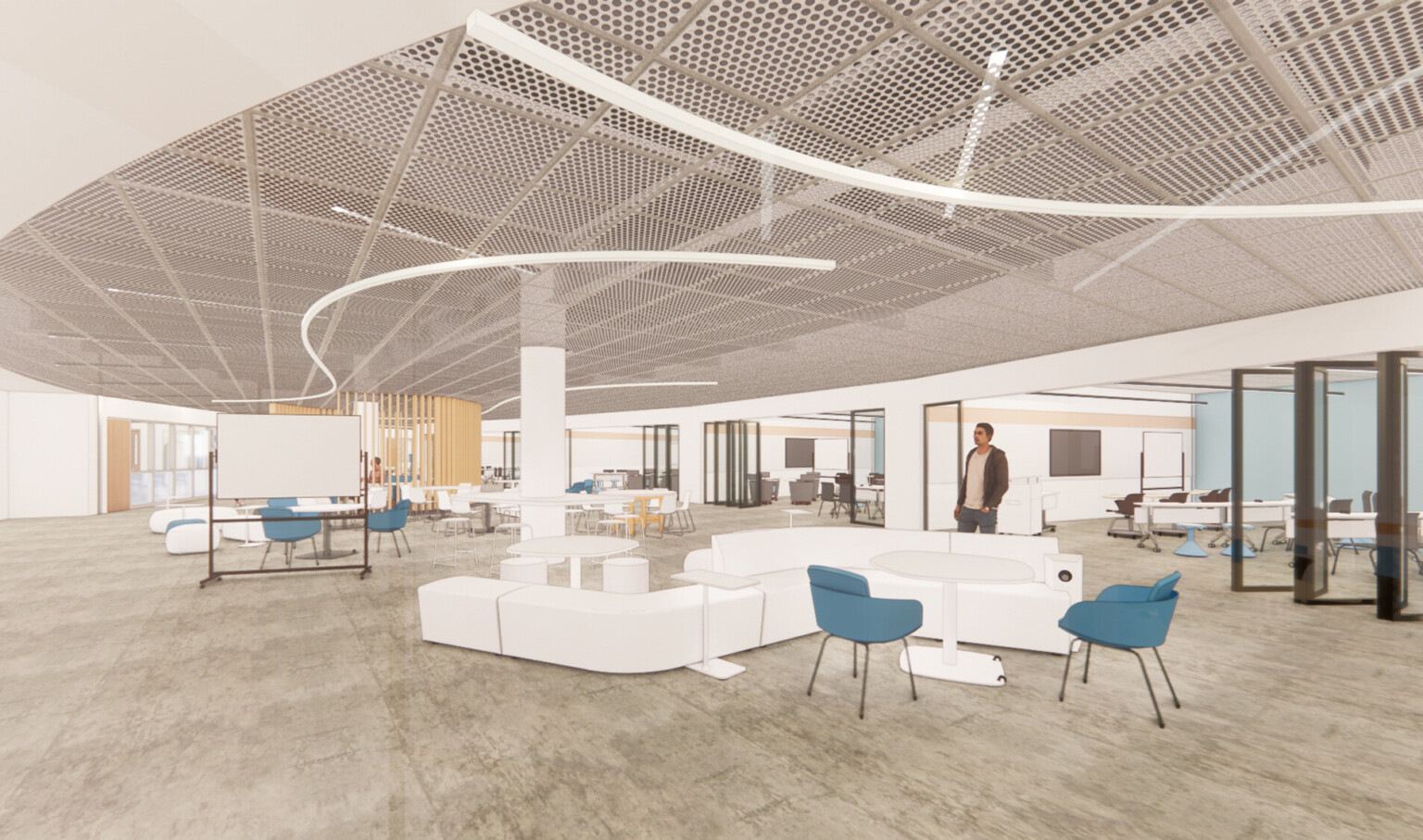 Rendering of interior of school common space with mixed flexible seating and walls, movable white board. Textured perforated ceiling
