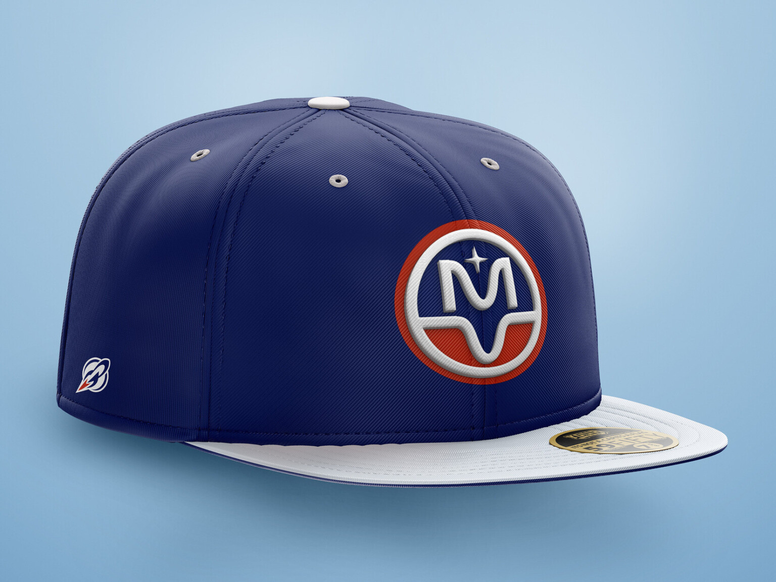 Blue baseball cap with blue, white, and red MV logo for Moon Valley High School