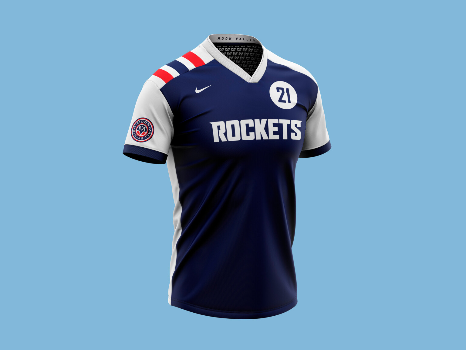 Blue jersey tshirt with white and red accents, Rockets written across front
