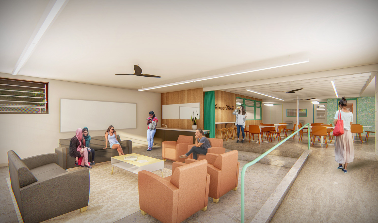 Step down living room with orange arm chairs and brown couches off of a dining room, partially separated by a green partition Step down living room with orange arm chairs and brown couches off of a dining room, partially separated by a green partition