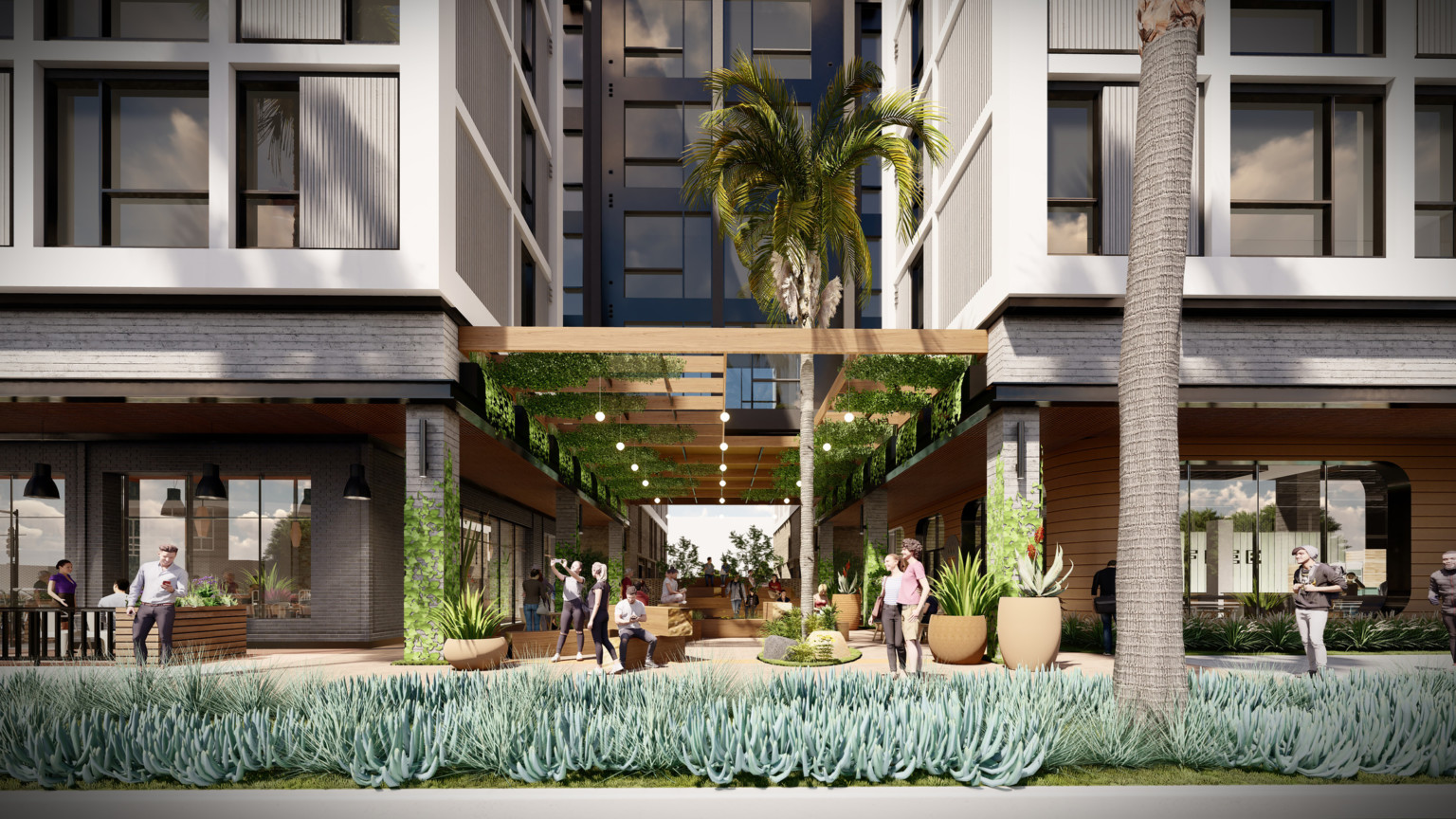 shaded pedestrian seating and walkways at the foot of a building development with palm trees and living ground cover shaded pedestrian seating and walkways at the foot of a building development with palm trees and living ground cover