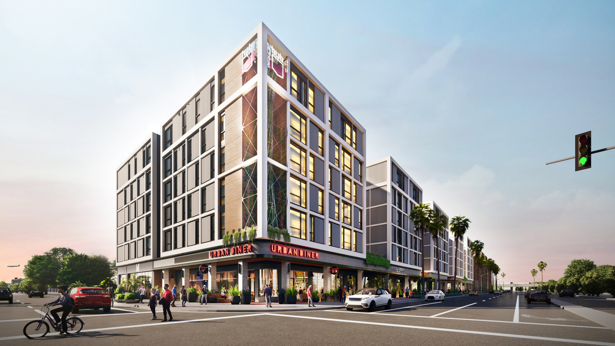 HUB Fullerton, seven-story residential building, pedestrian-friendly, natural tones and textures, landscaping, outdoor spaces HUB Fullerton, seven-story residential building, pedestrian-friendly, natural tones and textures, landscaping, outdoor spaces