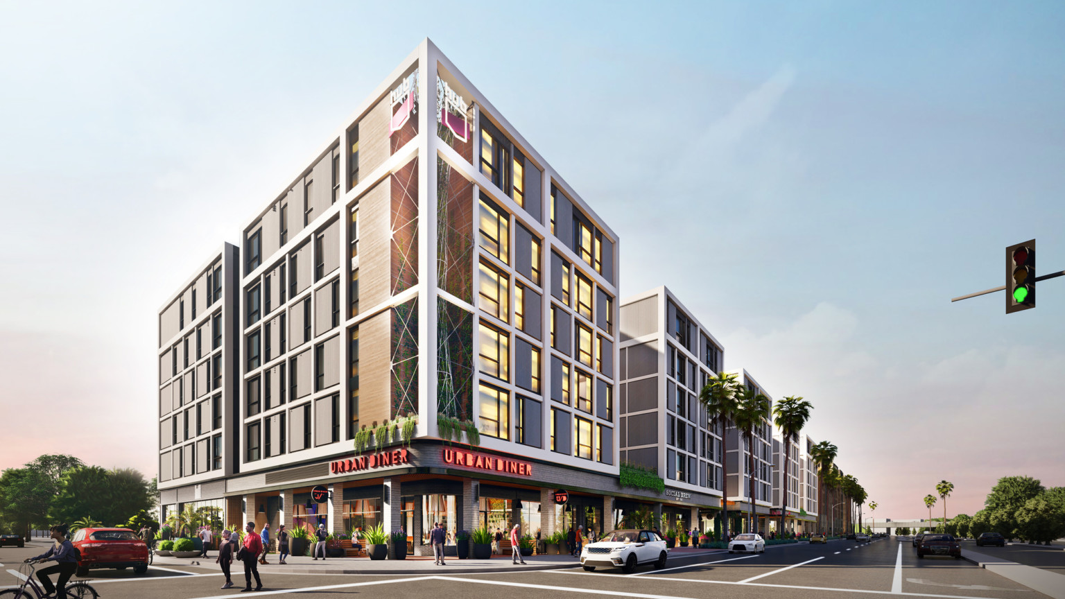 HUB Fullerton, seven-story residential building, pedestrian-friendly, natural tones and textures, landscaping, outdoor spaces HUB Fullerton, seven-story residential building, pedestrian-friendly, natural tones and textures, landscaping, outdoor spaces