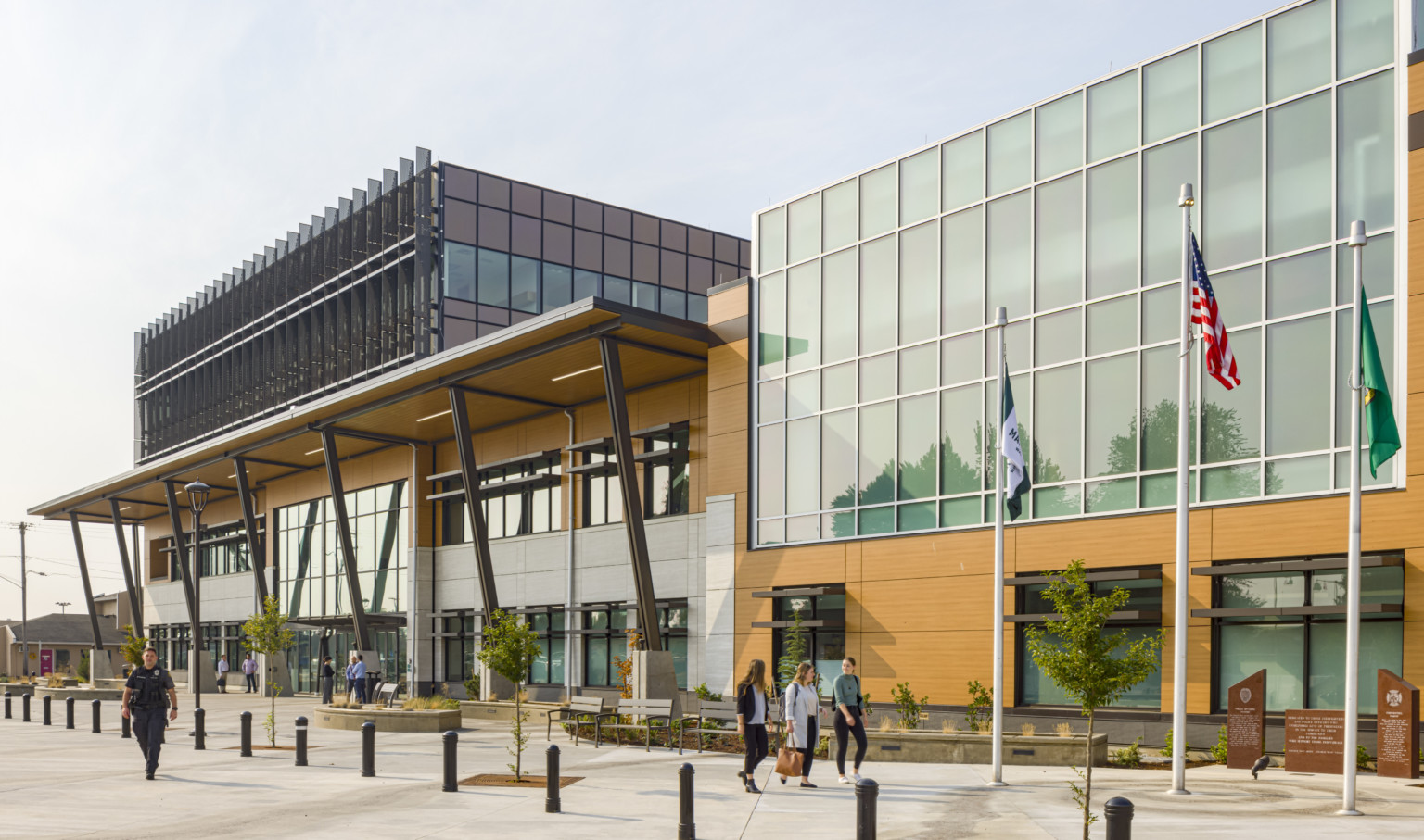 Exterior of Marysville Civic Center in Washington. A multistory building with glass facade