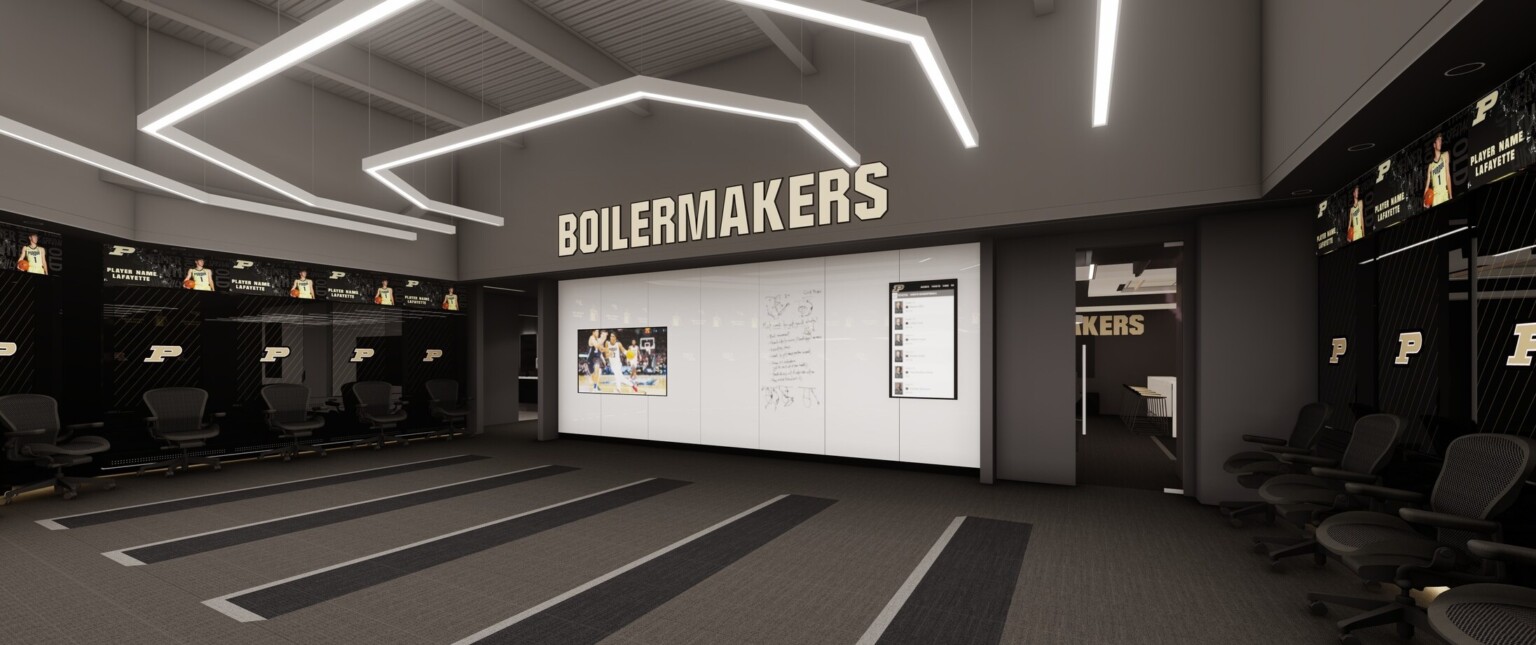 Double height grey locker room with full length white board wall opposite. Concentric squared off arch shaped pendant lights hanging