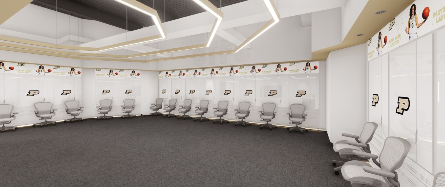 Locker room with flexible rolling chairs in front of white lockers, screens showing name and photo of players, arched light accent