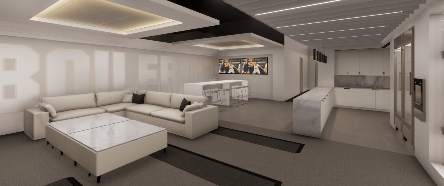 White room with illuminated panel accents on ceiling over white sectional couch and marble counters and coffee table, kitchenette