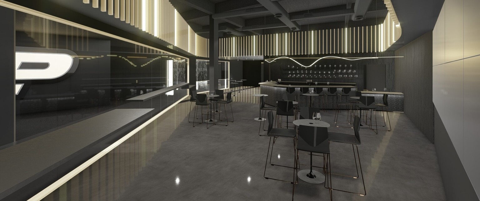 The John Wooden Club, an elevated lounge space for Purdue fans, black room with gold accents