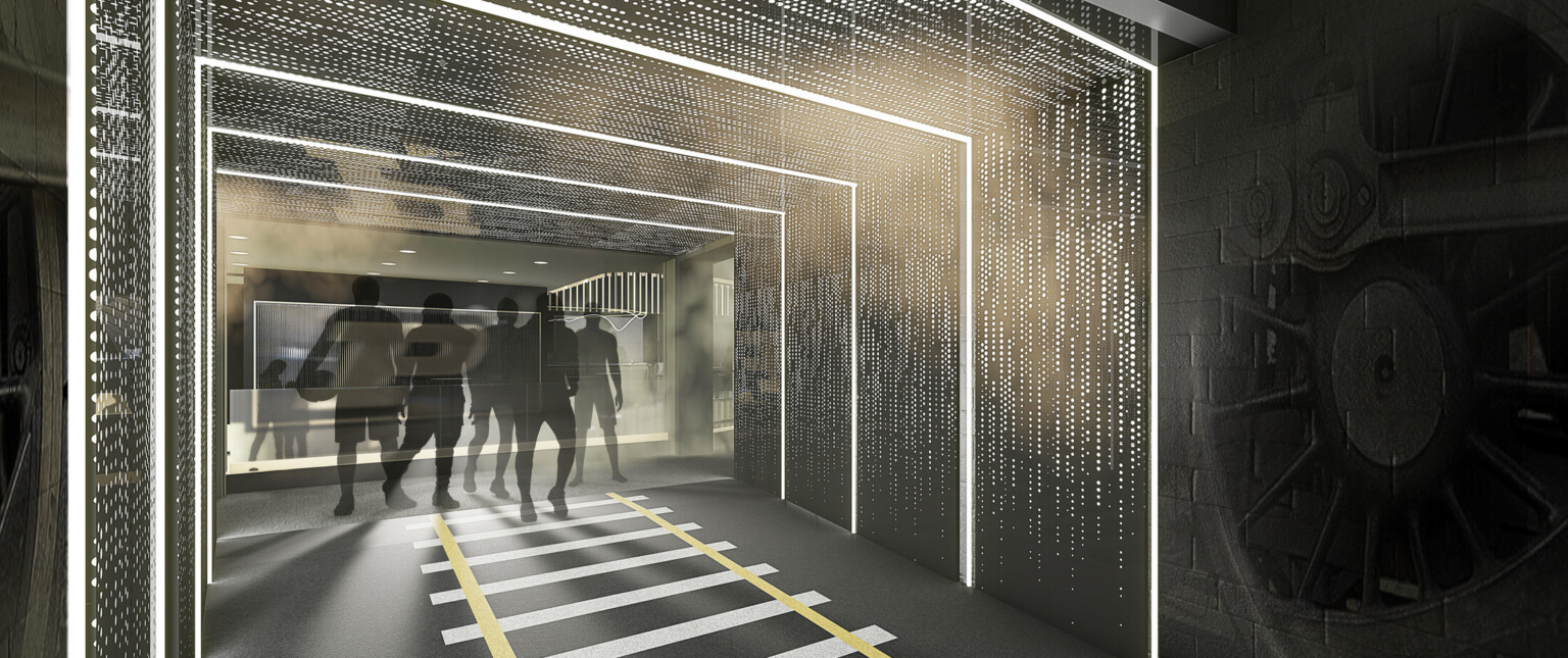 perforated metallic panels with light shining through in basketball hype tunnel for student-athletes to entry the court on game day