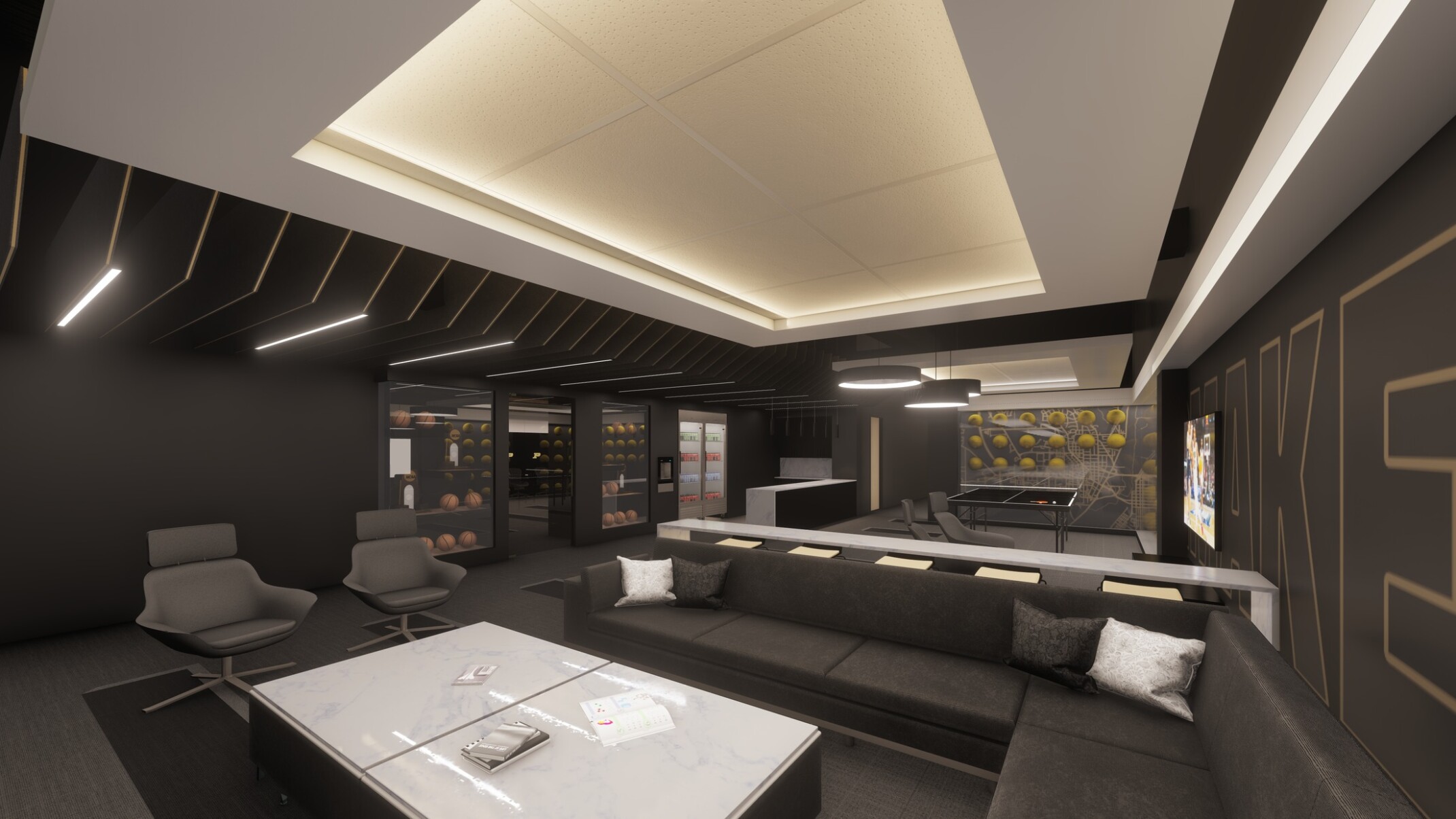 lounge in Purdue University Basketball facility with illuminated recessed ceiling accent over mixed comfortable seating area, basketball rack decorative motif on walls