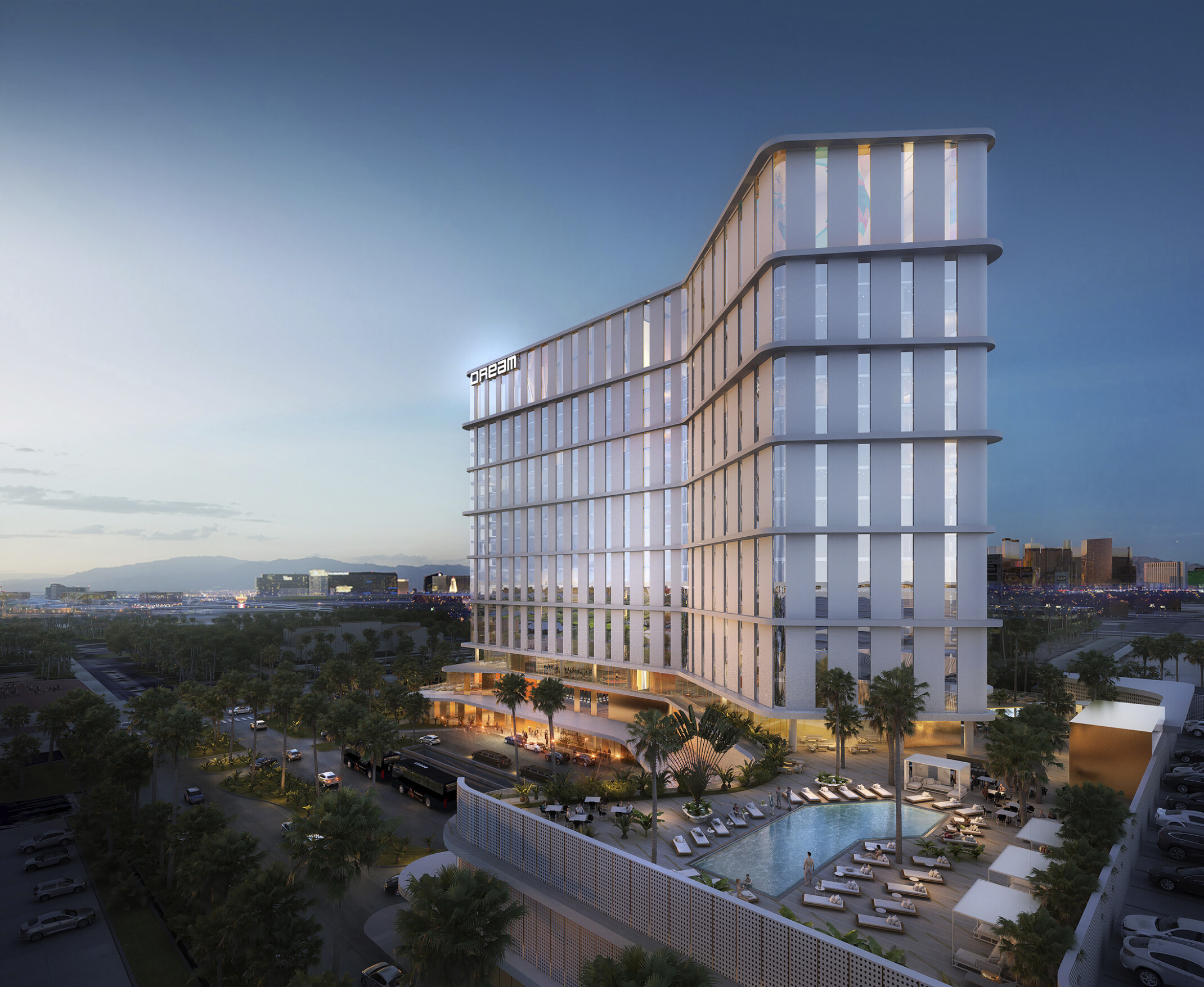Aerial view of the Dream Las Vegas with stepped balconies extended in two angled directions with midlevel outdoor pool and lounge space