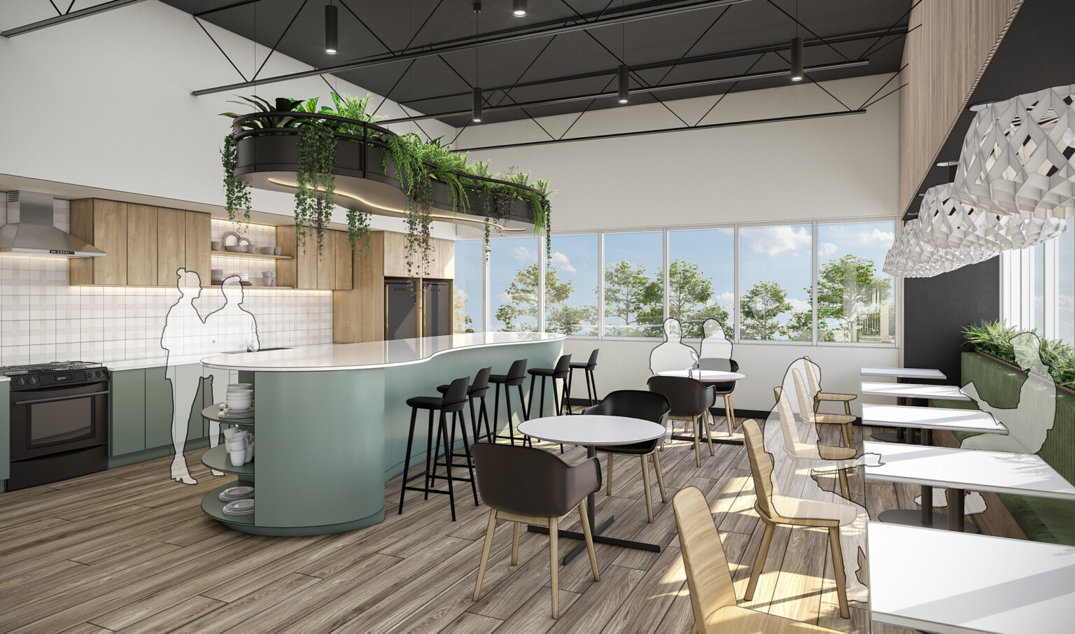 design concept for a cafe, wrapped in windows with greenery hanging over an oblong shaped island, wood and natural materials throughout design concept for a cafe, wrapped in windows with greenery hanging over an oblong shaped island, wood and natural materials throughout