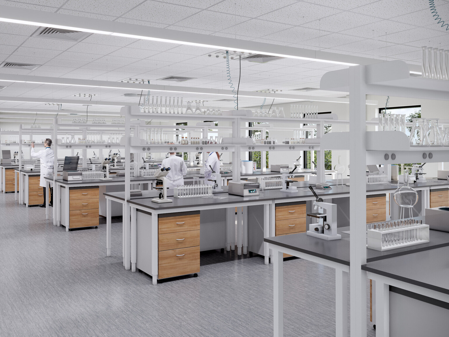 Clean lab space with warm wood, natural light and rectangular rod lights above each table