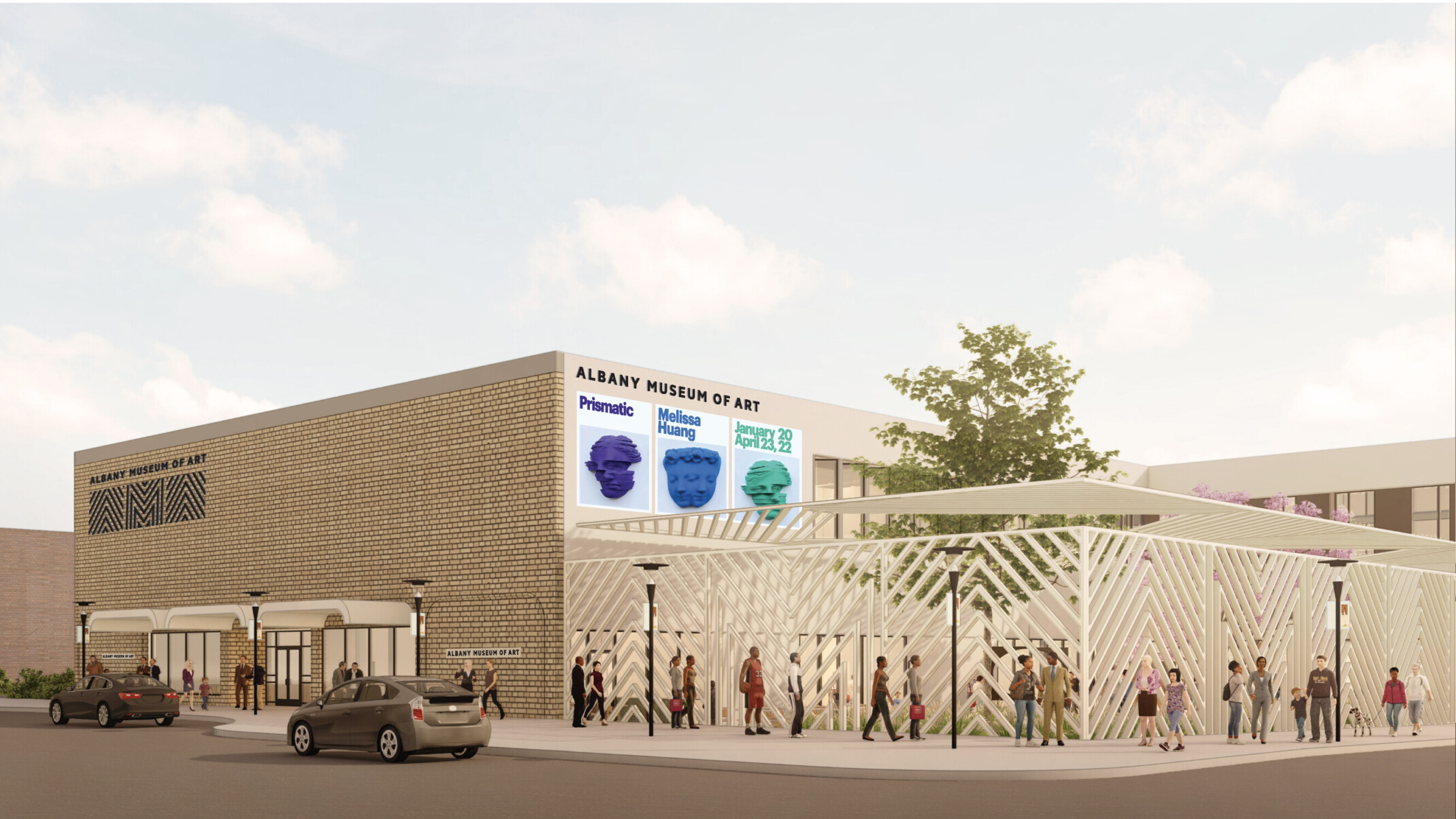 Rendering of the Albany Museum of Art, a multistory building with stone facade and geometric wall and canopy over courtyard