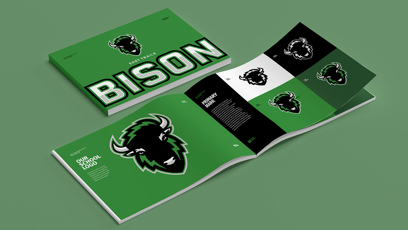 Brand book for East Trails Middle School Bison, in Missouri. Two page spread with colors, shades of green and white, bison logo