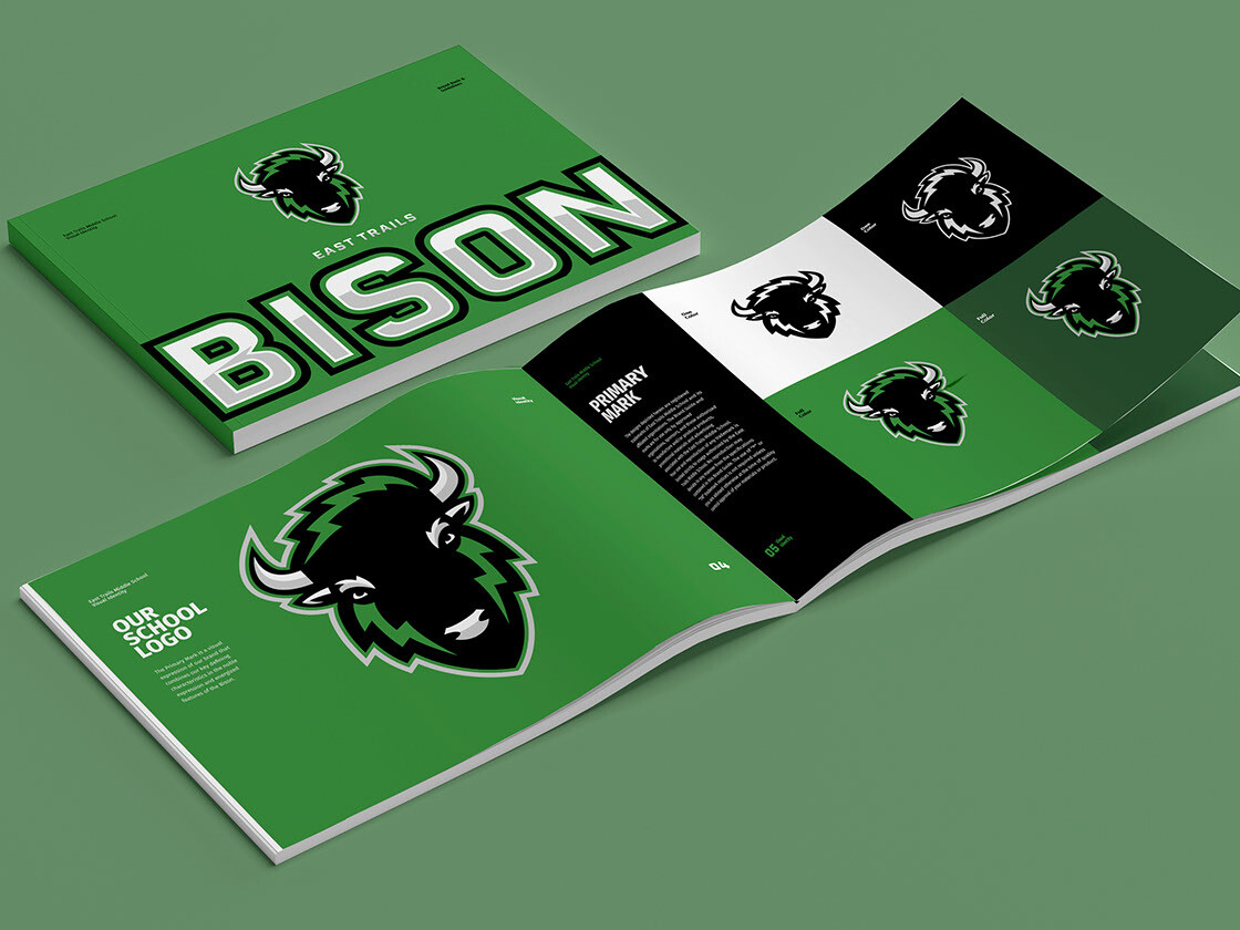Brand book for East Trails Middle School Bison, in Missouri. Two page spread with colors, shades of green and white, bison logo