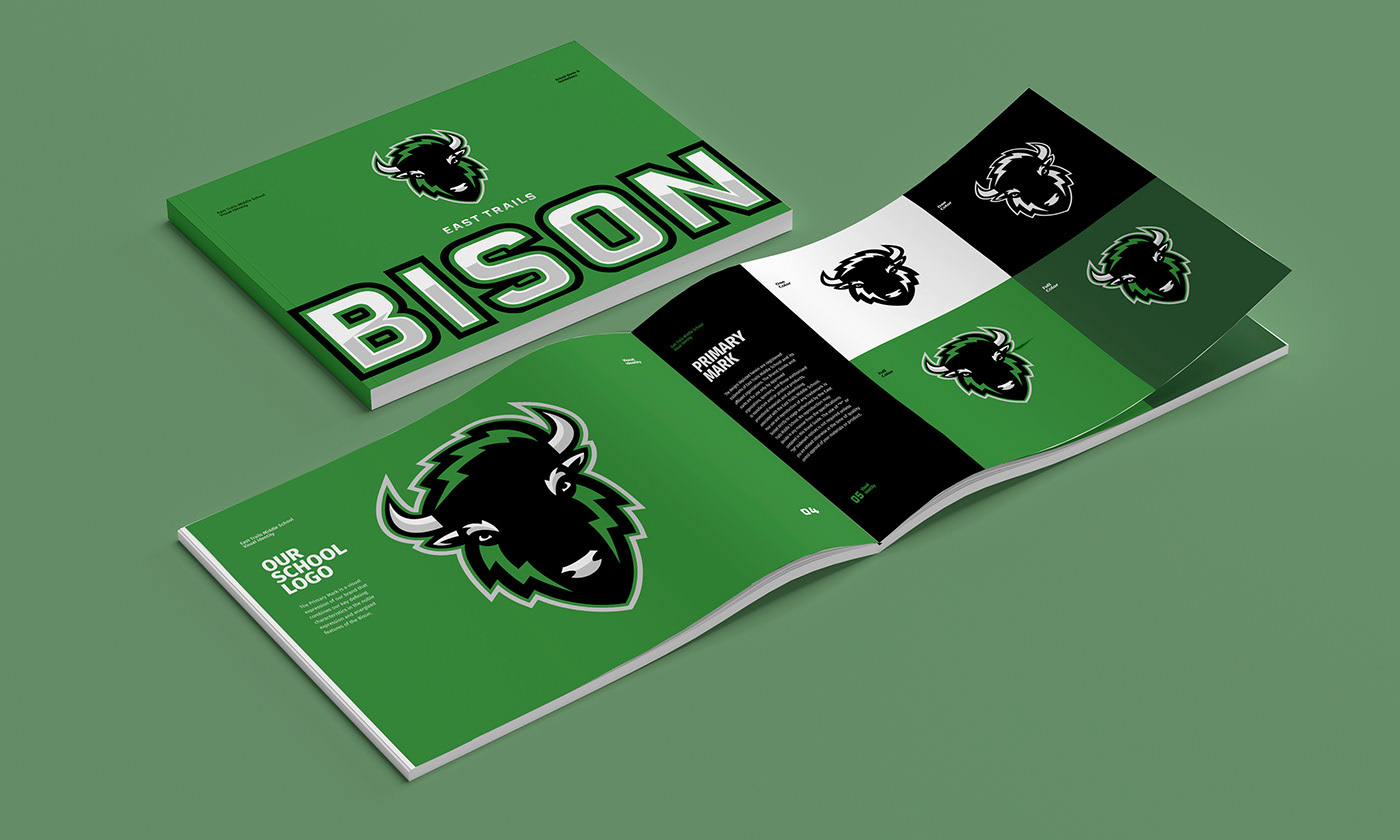 Brand book for East Trails Middle School Bison, in Missouri. Two page spread with colors, shades of green and white, bison logo