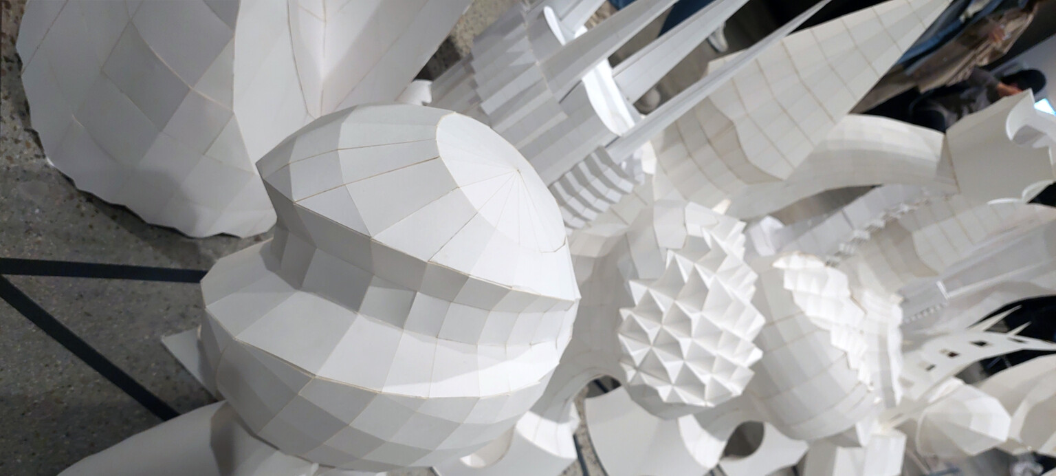 complex white shapes, spires, spheres, abstract geometries, folded grid, origami, modern art