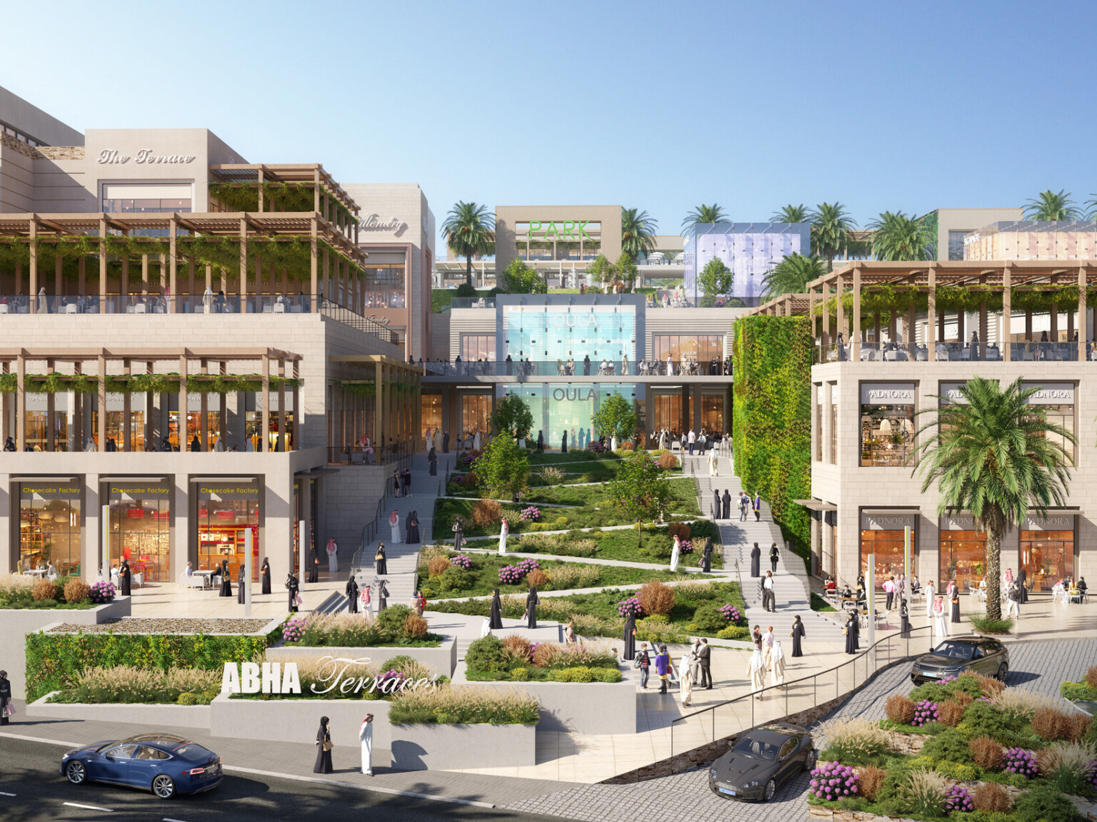 Abha Mixed-Use development in the Kingdom of Saudi Arabia. Multistory buildings around central green courtyard