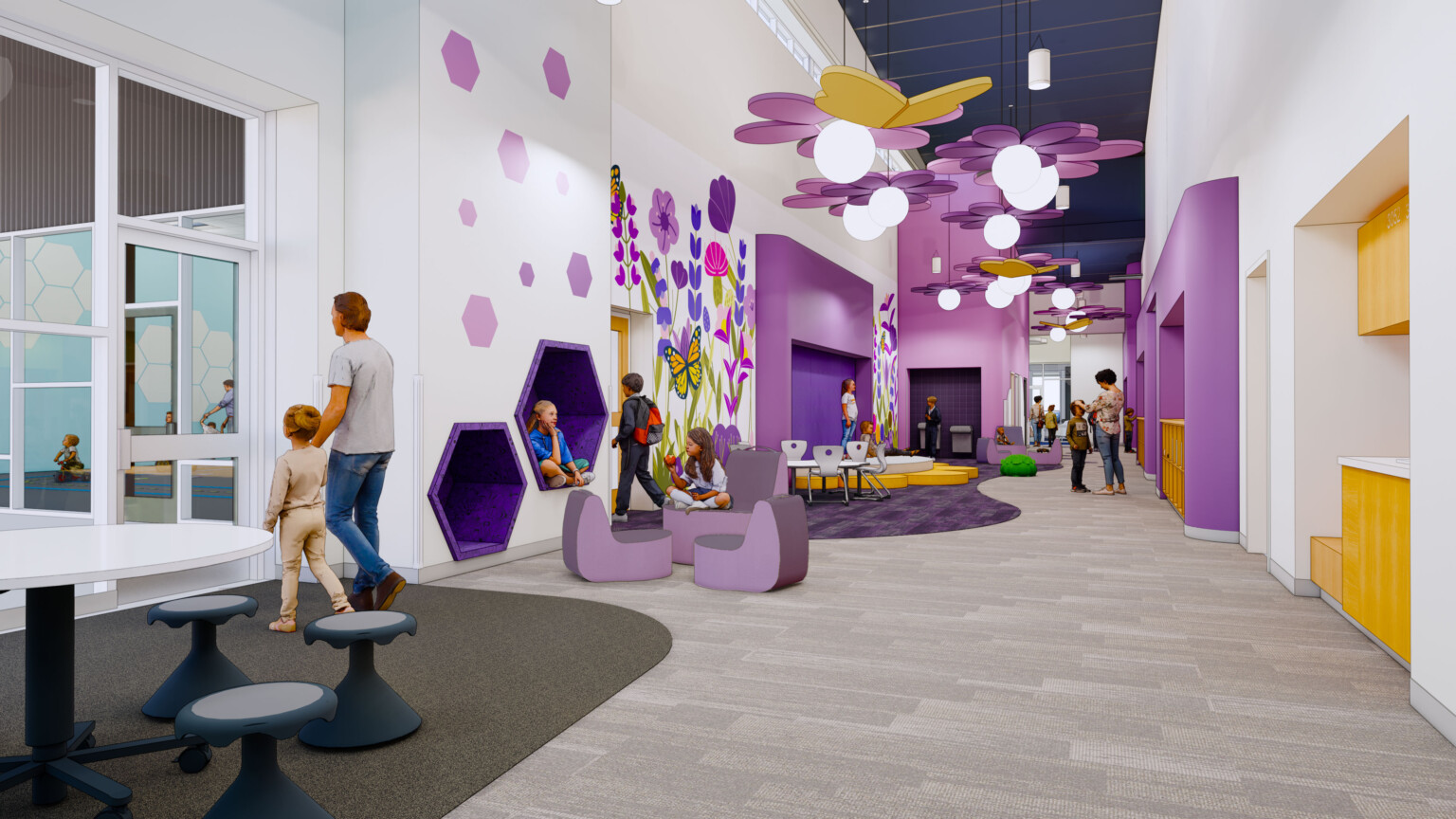 White double height learning pod hallway with flower mural, purple accent walls, flower shaped accents hang with globe light center White double height learning pod hallway with flower mural, purple accent walls, flower shaped accents hang with globe light center