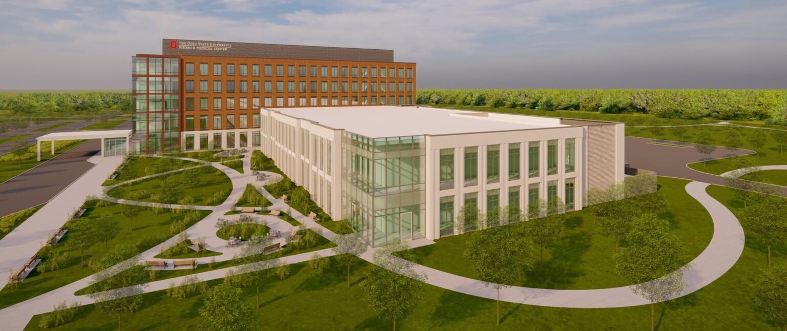 Side view rendering of white and brick building with large windows. Sign reads The Ohio State University Wexner Medical Center